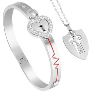 Elegant Stainless Steel Heart Lock Bracelet and Necklace Set